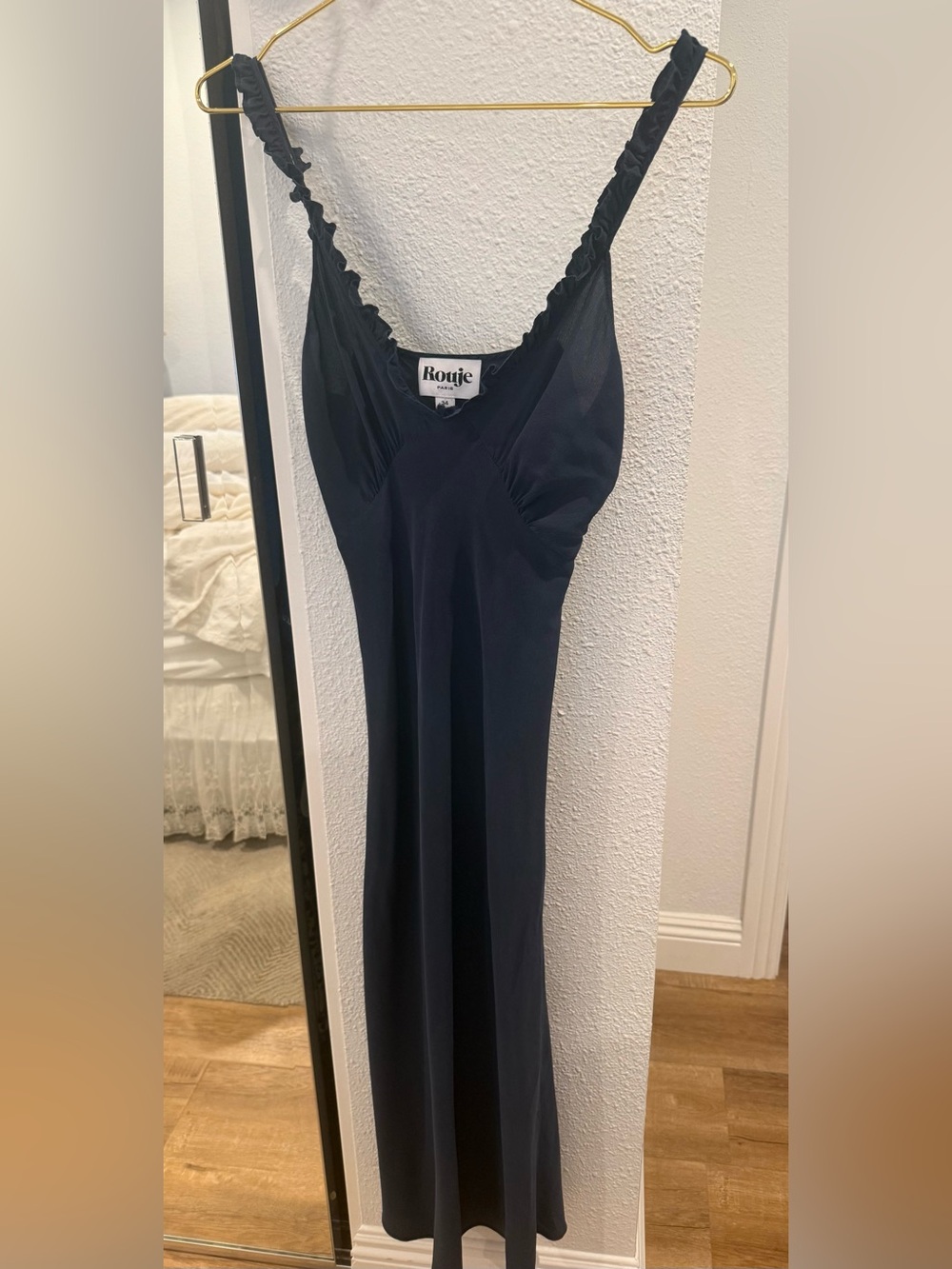 Rouje navy blue Satin Slip Dress with Ruffled Straps